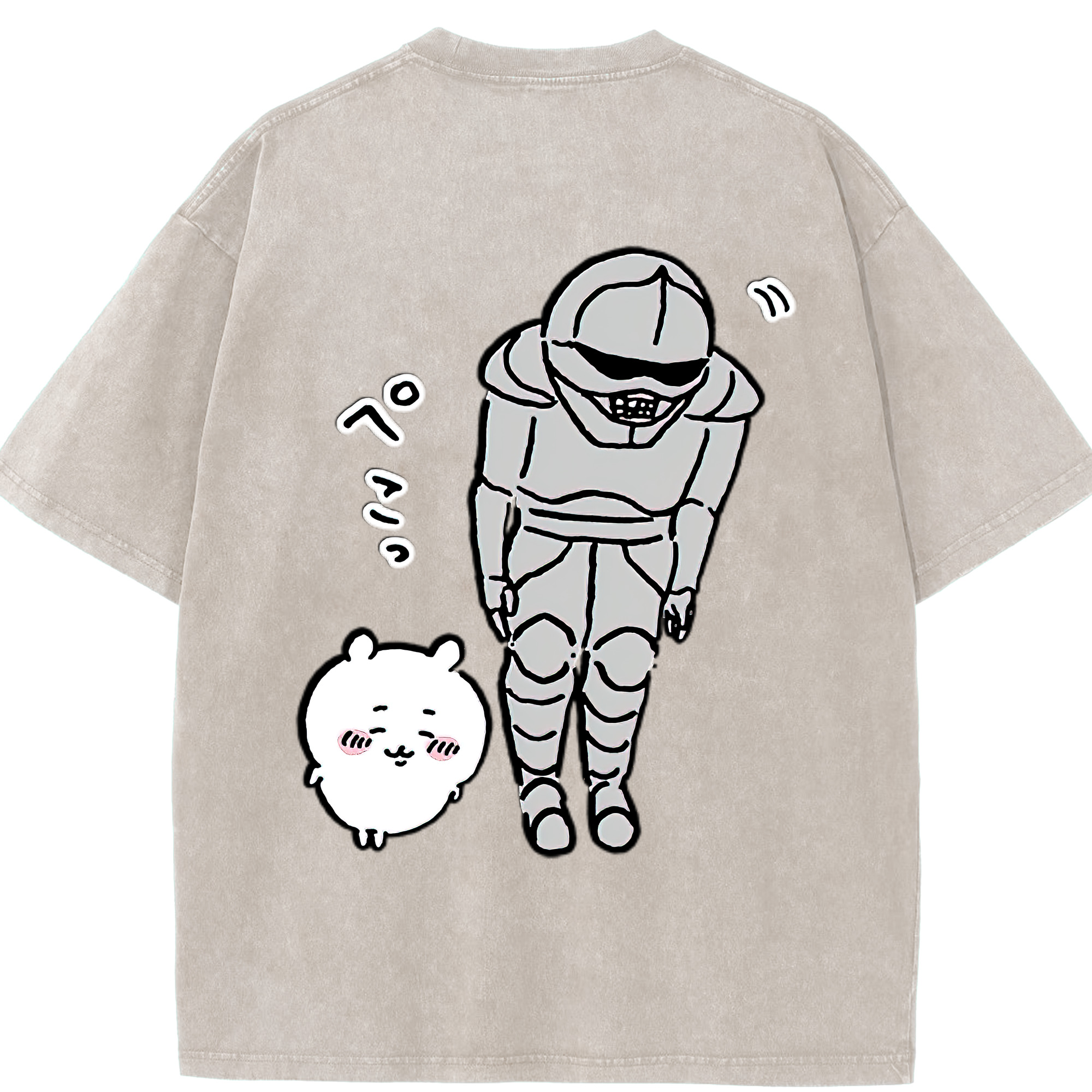 （画像用） ちいかわ 労働の鎧さん Chii-kawa Mr. Armor of Labor 綿100% ヴィンテージ風 半袖Tシャツ（背面プリント）