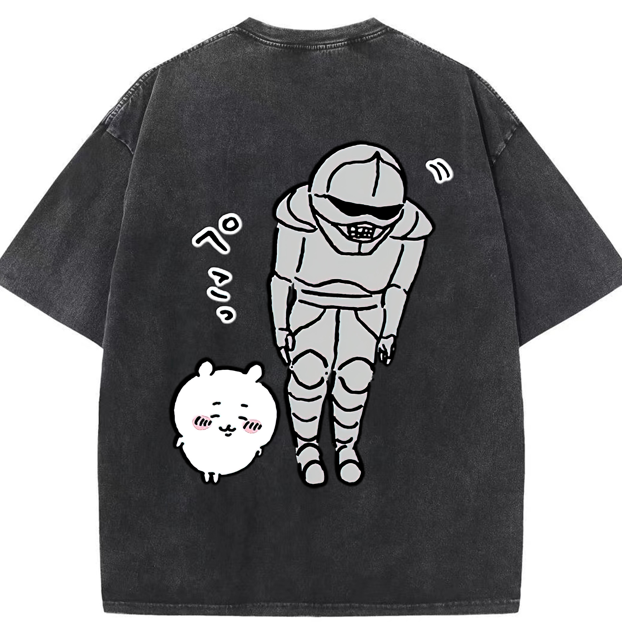 （画像用） ちいかわ 労働の鎧さん Chii-kawa Mr. Armor of Labor 綿100% ヴィンテージ風 半袖Tシャツ（背面プリント）